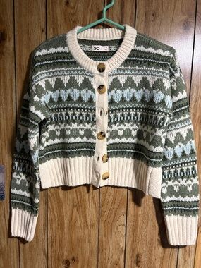 SO Cropped Fair Isle Button-Up Sweater - Green & Cream